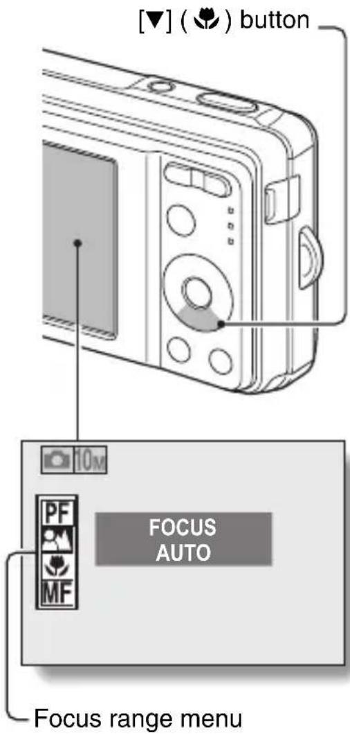 [▼] (♥) button 10M PF MF FOCUS AUTO Focus range menu