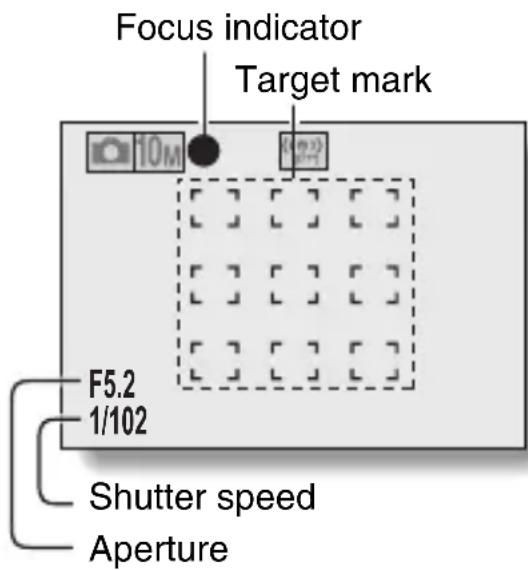Focus indicator Target mark 10M F5.2 1/102 Shutter speed Aperture