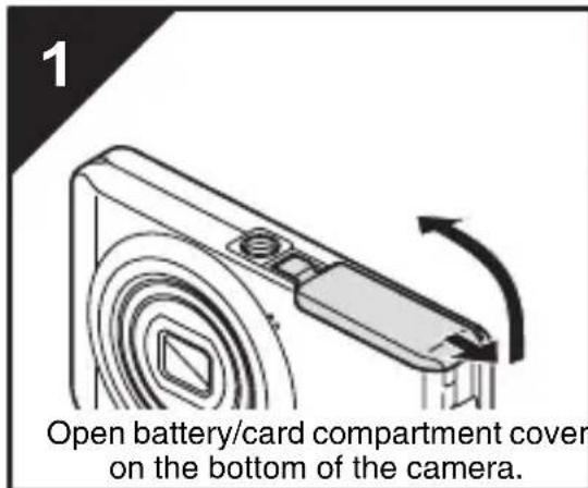 1 Open battery/card compartment cover on the bottom of the camera.