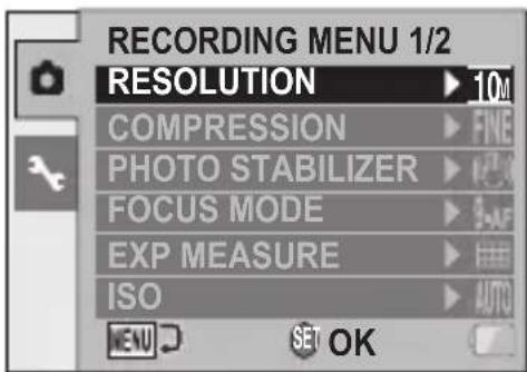RECORDING MENU 1/2 RESOLUTION ▶ 10M COMPRESSION ▶ FINE PHOTO STABILIZER ▶ FOCUS MODE ▶ 9-AF EXP MEASURE ▶ ISO ▶ AUTO SET OK
