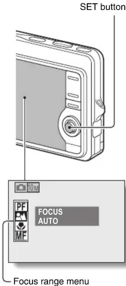 SET button 10 M PF MF FOCUS AUTO Focus range menu