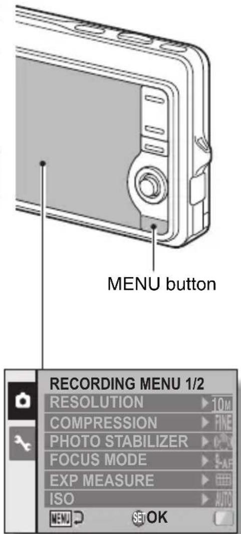 MENU button RECORDING MENU 1/2 RESOLUTION ▶ 10M COMPRESSION ▶ FINE PHOTO STABILIZER ▶ FOCUS MODE ▶ EXP MEASURE ▶ ISO ▶ AUTO MENU SET OK