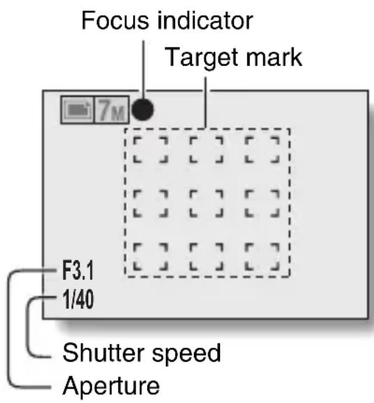 Focus indicator Target mark 7M F3.1 1/40 Shutter speed Aperture
