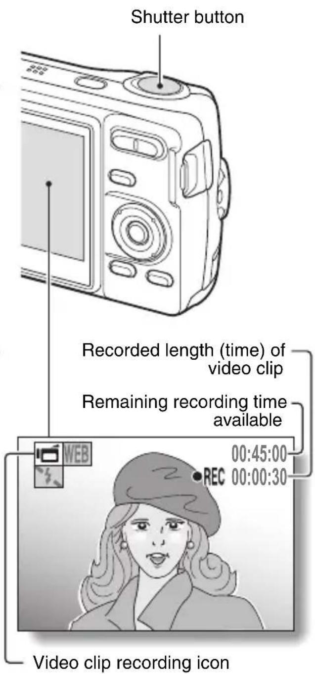 Shutter button Recorded length (time) of video clip Remaining recording time available WEB 00:45:00 REC 00:00:30 Video clip recording icon