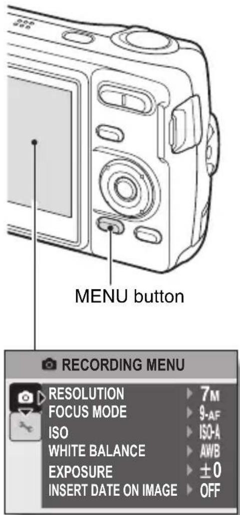 MENU button RECORDING MENU RESOLUTION 7M FOCUS MODE 9-AF ISO ISO-A WHITE BALANCE AWB EXPOSURE ±0 INSERT DATE ON IMAGE OFF