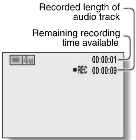Recorded length of audio track Remaining recording time available 00:00:01 •REC 00:00:09