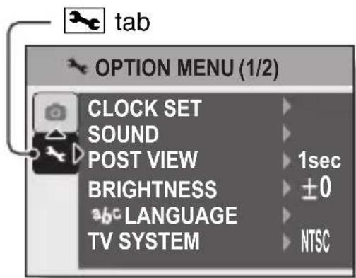 tab OPTION MENU (1/2) CLOCK SET SOUND POST VIEW 1sec BRIGHTNESS ±0 abc LANGUAGE TV SYSTEM NTSC