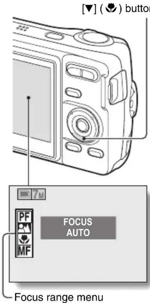 [▼] ( 🔊 ) button 7M PF MF FOCUS AUTO Focus range menu