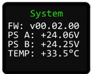 System FW: v00.02.00 PS A: +24.06V PS B: +24.25V TEMP: +33.5°C