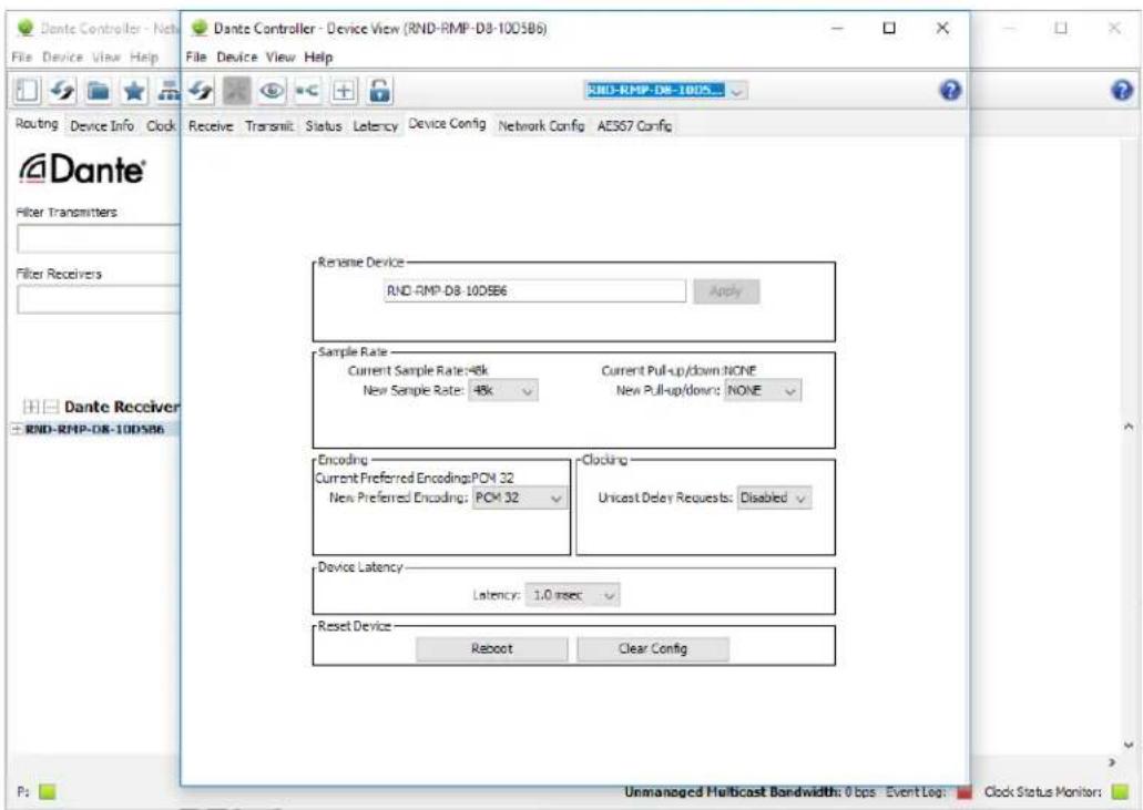 Dante Controller - Net File Device View Help File Device View Help Routing Device Info Clock Receive Transmit Status Latency Device Config Network Config AES67 Config Dante® Filter Transmitters Filter Receivers Dante Receiver RND-RMP-D8-1005B6 Rename Device RND-RMP-D8-1005B6 Apply Sample Rate Curren…