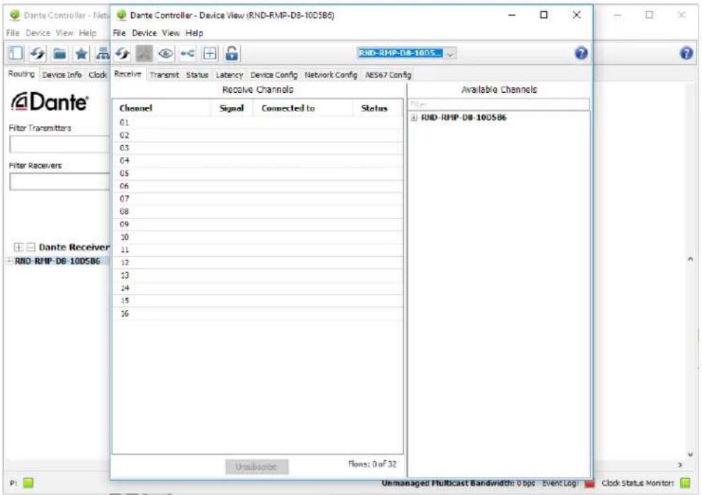 Dante Controller - Net File Device View Help Dante Controller - Device View (RND-RMP-DB-10DSB6) File Device View Help Routing Device Info Clock Receive Transmit Status Latency Device Config Network Config AE567 Config Receive Channels Available Channels Channel Signal Connected to Status 01 02 03 04…