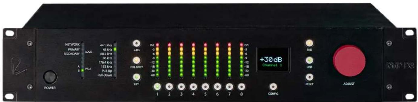NETWORK PRIMARY SECONDARY A B PSU 44.1 kHz 48 kHz 88.2 kHz 96 kHz 176.4 kHz 192 kHz Pull-Up Pull-Down +4Hz O/L -3 -6 -9 -12 -18 -30 -60 POLARITY HFF 1 2 3 4 5 6 7 8 O/L -3 -6 -9 -12 -18 -30 -60 +30 dB Channel1 1 POWER PAD LINE RESET ADJUST CONFIG