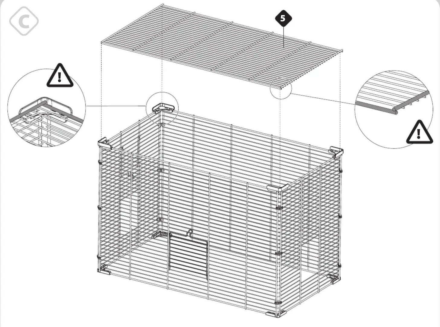 Technical diagram of a wire cage structure with labeled components and warning indicators