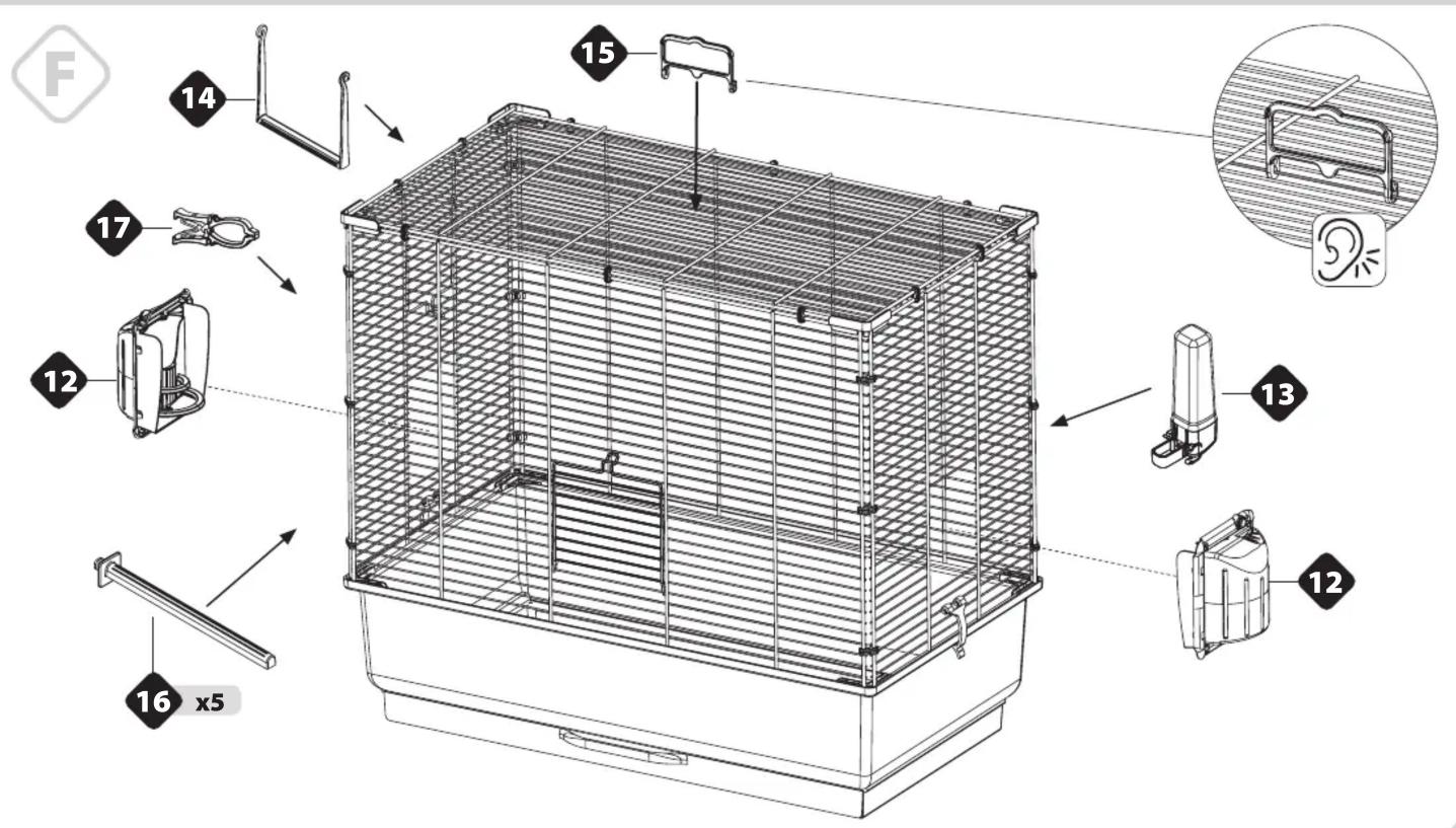 Technical diagram of a wire cage with numbered components and an inset photo showing ear protection device placement.