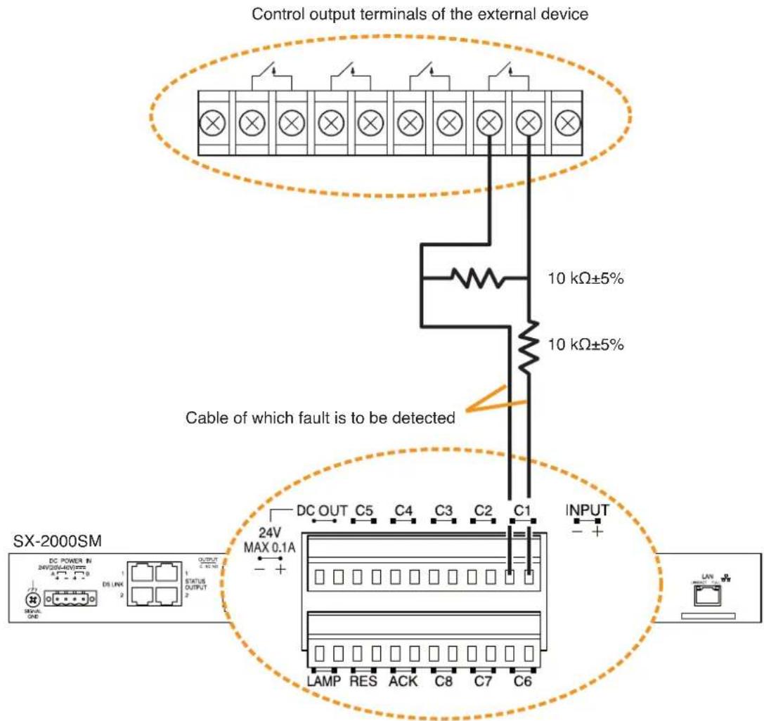 Control output terminals of the external device 10 kΩ±5% 10 kΩ±5% Cable of which fault is to be detected SX-2000SM DC POWER IN SWEDD/VEGETS DC LINK STATUS OUTPUT 24V MAX 0.1A LAMP RES ACK C8 C7 C6 INPUT - +