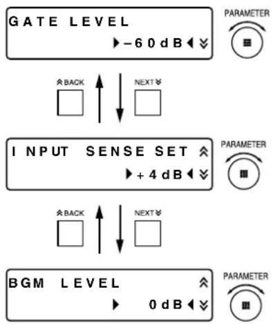 GATE LEVEL ▶ -60 dB ▼ PARAMETER BACK ↑ NEXT INPUT SENSE SET ▶ +4 dB ▼ PARAMETER BACK ↑ NEXT BGM LEVEL ▶ 0 dB ▼ PARAMETER