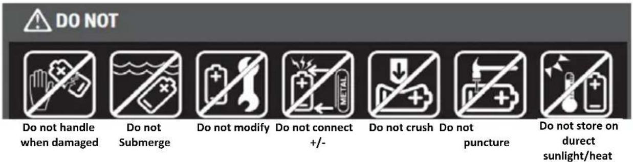 DO NOT Do not handle when damaged Do not Submerge Do not modify Do not connect +/- Do not crush Do not puncture Do not store on durect sunlight/heat