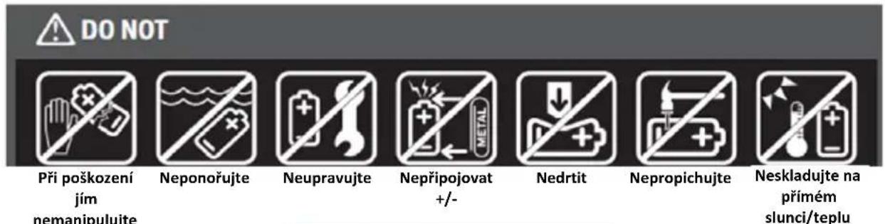 DO NOT Při poškození jím nemanipulujte Neponořujte Neupravujte Nepřipojovat +/- Nedrtit Nepropichujte Neskladujte na přímém slunci/teplu