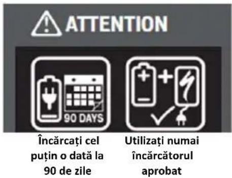ATTENTION Încărcați cel puțin o dată la 90 de zile Utilizați numai încărcătorul aprobat