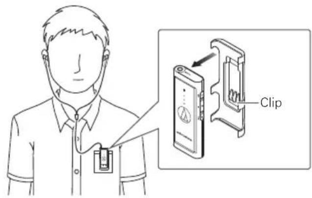 Diagram showing a person using an ID card to<|rotate_right|> a device labeled 'Clip' with a magnified view of its internal structure.