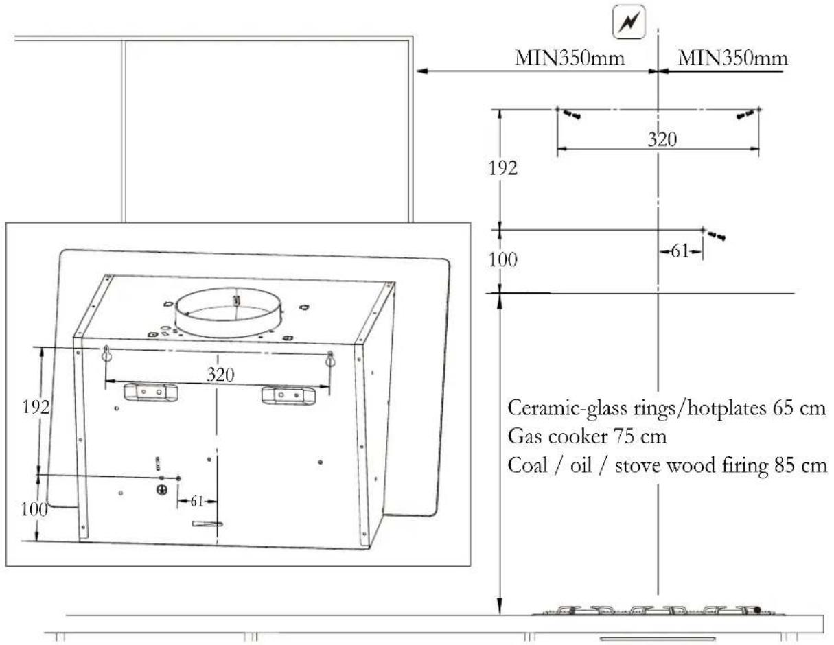 MIN350mm MIN350mm 320 192 100 61 Ceramic-glass rings/hotplates 65 cm Gas cooker 75 cm Coal / oil / stove wood firing 85 cm 192 320 100 61