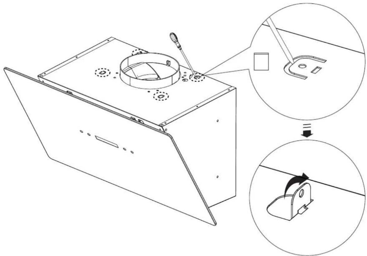 Technical diagram showing a device with labeled components and three progressive assembly steps, including tool insertion and mounting mechanism.