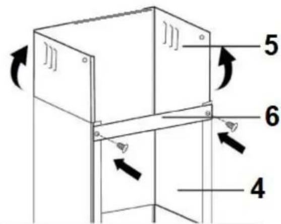 Technical diagram of a cabinet or enclosure with numbered components and directional arrows indicating motion or assembly.