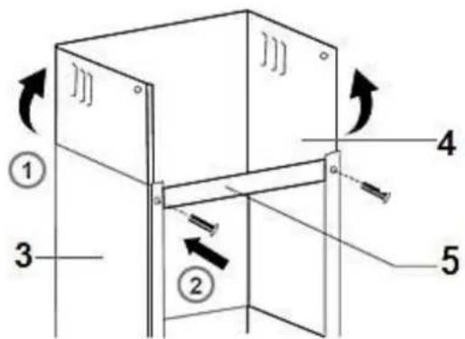 Technical diagram of a 3D mechanical assembly with numbered components and directional arrows indicating motion or force.