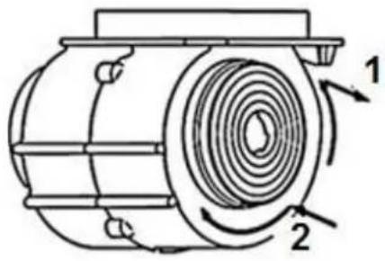 Technical diagram of a mechanical device with labeled components and rotational flow indicators