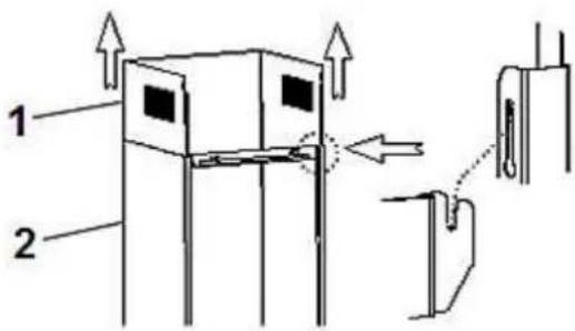Diagram showing a mechanical or electrical assembly with labeled components and directional arrows indicating movement or force.