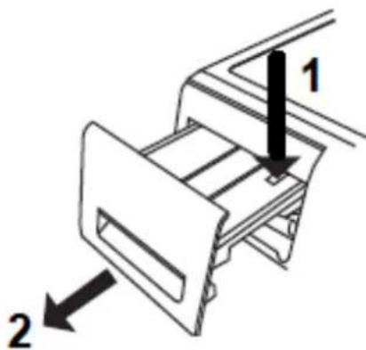 Technical diagram showing a mechanical component with labeled parts 1 and 2, indicating directional movement or assembly.