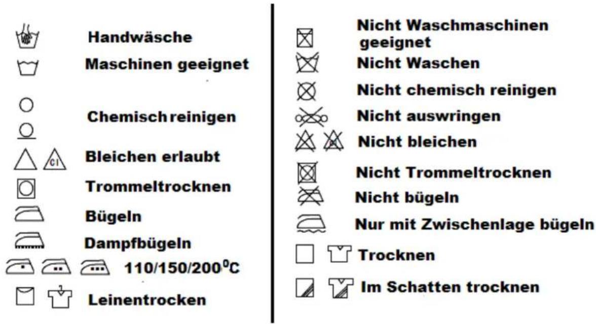 Handwäsche Maschinen geeignet Chemisch reinigen Bleichen erlaubt Trommeltrocknen Bügeln Dampfbügeln 110/150/200°C Leinentrocken Nicht Waschmaschinen geeignet Nicht Waschen Nicht chemisch reinigen Nicht auswringen Nicht bleichen Nicht Trommeltrocknen Nicht bügeln Nur mit Zwischenlage bügeln Trocknen Im Schatten trocknen