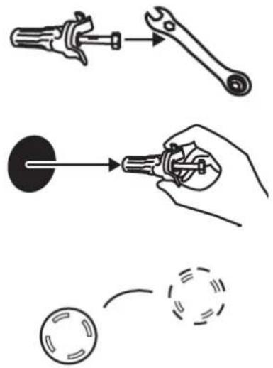 Diagram illustrating three-step tool application: grip, wrench, and dial indicator with magnified view