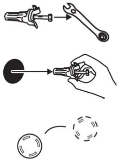 Diagram illustrating three-step tool application: grip, wrench, and circle with motion arrows