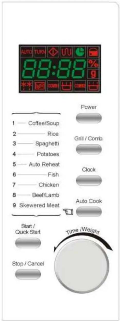 88:88 AUTO TURN UU % 9 1 — Coffee/Soup 2 — Rice 3 — Spaghetti 4 — Potatoes 5 — Auto Reheat 6 — Fish 7 — Chicken 8 — Beef/Lamb 9 Skewered Meat Power Grill / Comb. Clock Auto Cook Start / Quick Start Stop / Cancel Time /Weight