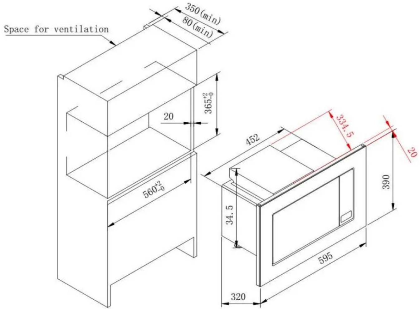 Space for ventilation 350 (min) 80 (min) 365+2-0 20 560+2-0 452 34.5 334.5 20 390 595 320