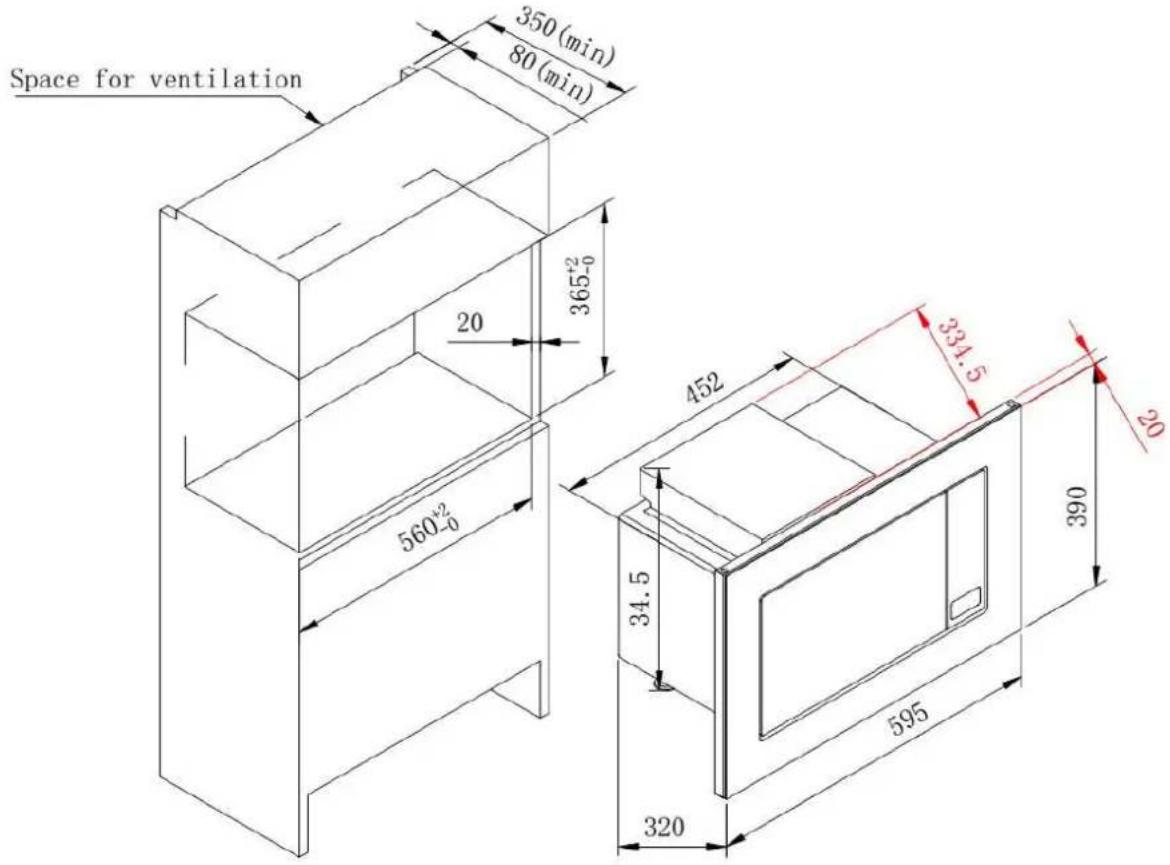 Space for ventilation 350 (min) 80 (min) 20 365+2-0 560+2-0 452 334.5 34.5 320 595 390 520