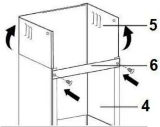 Technical diagram of a cabinet or enclosure with numbered components and directional arrows indicating movement or assembly.