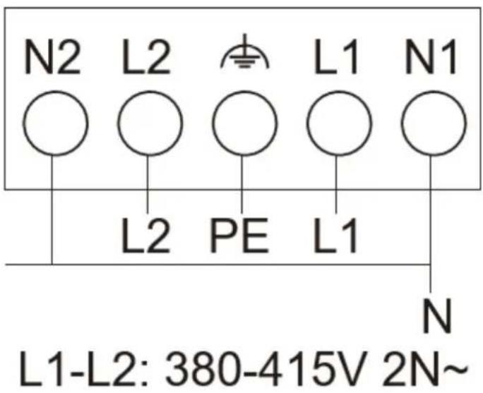 N2 L2 L1 N1 ○ ○ ○ ○ ○ L2 PE L1 N L1-L2: 380-415V 2N~
