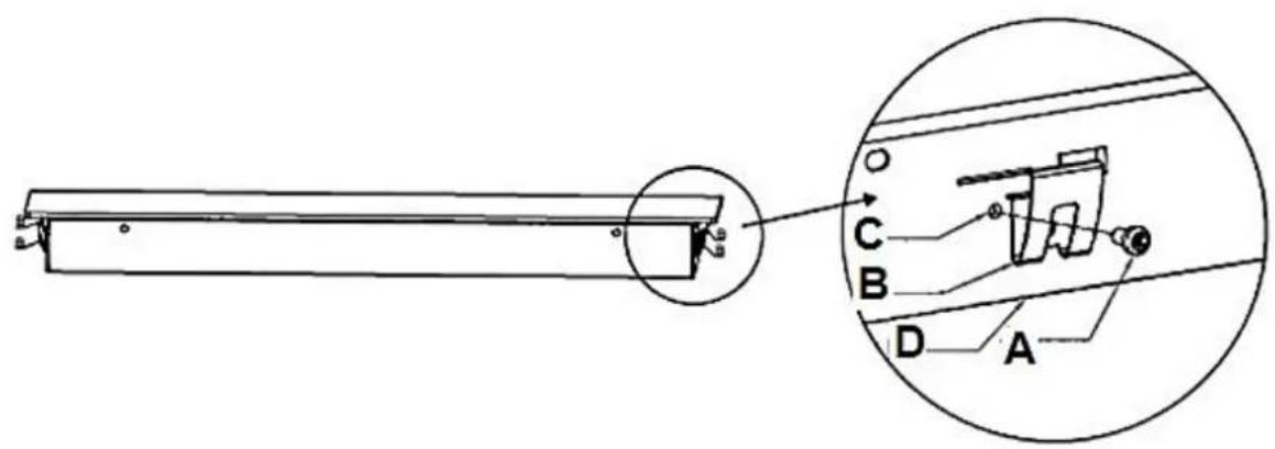 Technical diagram of a mechanical assembly with labeled parts A, B, C, D and an inset view showing a component with arrows.