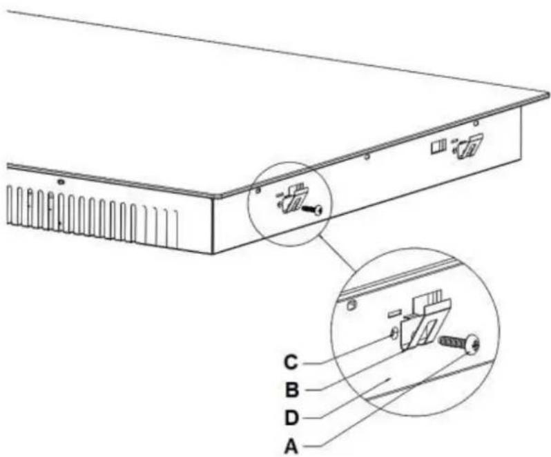 Technical diagram of a server rack with labeled components A, B, C, D and an inset showing internal wiring or connection details.
