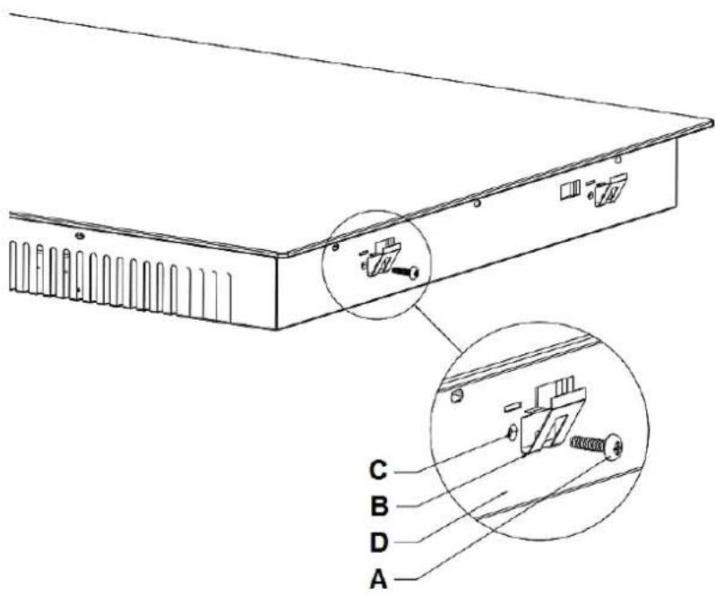 Technical diagram of a server rack with labeled components A, B, C, D and an inset showing internal wiring connections.