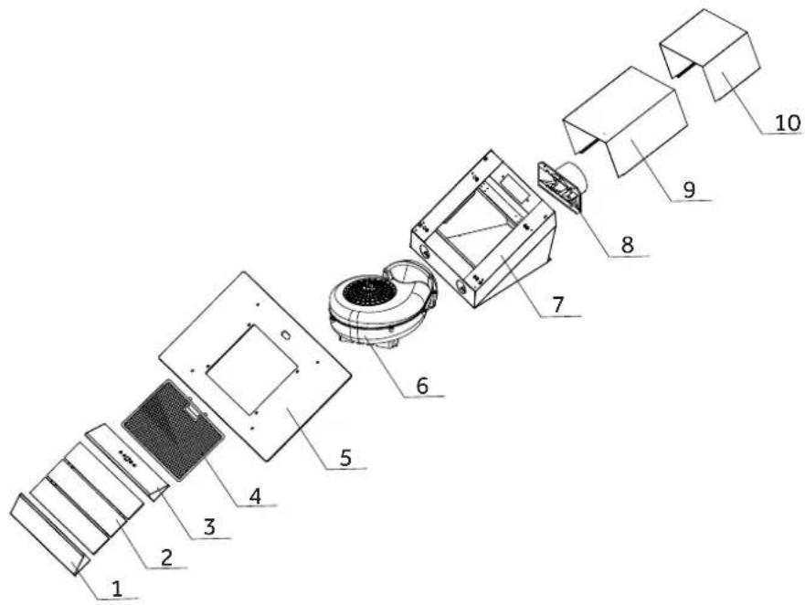 Exploded view diagram of a device with numbered parts for identification