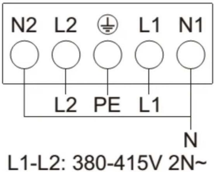 N2 L2 ⊕ L1 N1 ○ ○ ○ ○ ○ L2 PE L1 N L1-L2: 380-415V 2N~