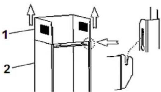 Technical diagram showing a door mechanism with labeled parts and directional arrows indicating movement or force.