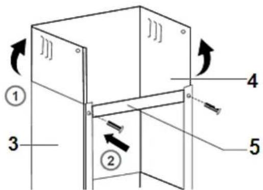 Technical diagram of a mechanical assembly with numbered components and directional arrows indicating motion or movement.