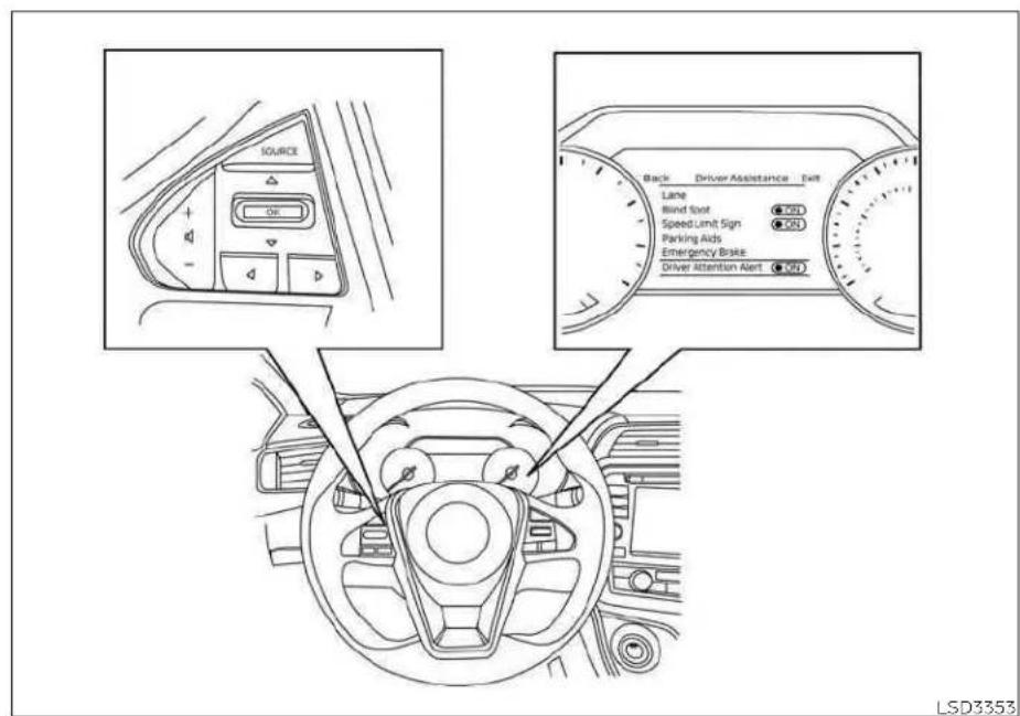 SOURCE OK Back Driver Assistance Exit Lane Blind foot SpeedLimit Sign ON Parking Aids Emergency Brake Driver Attention Alert (OK) LSD3353