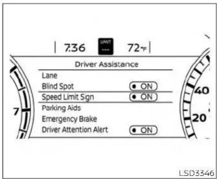 736 72°F Driver Assistance Lane Blind Spot • ON Speed Limit Sign • ON Parking Aids Emergency Brake Driver Attention Alert • ON LSD3346