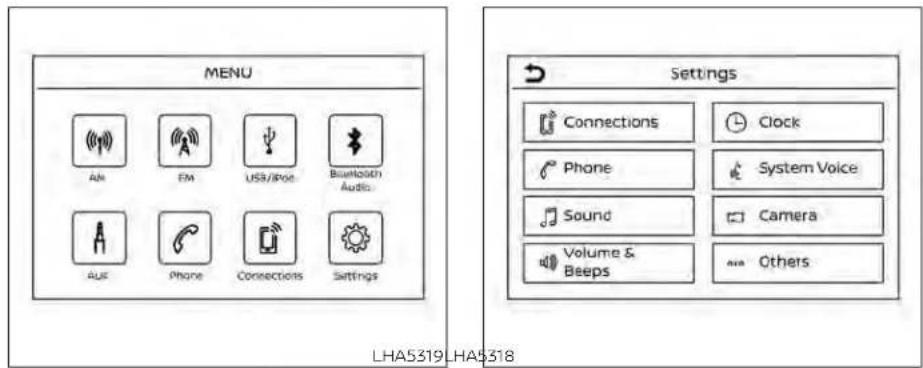 MENU AH FM USB/iPod Bluetooth Audio AUC Phone Connections Settings Settings Connections Clock Phone System Voice Sound Camera Volume & Beeps Others LHA5319 LHA5318