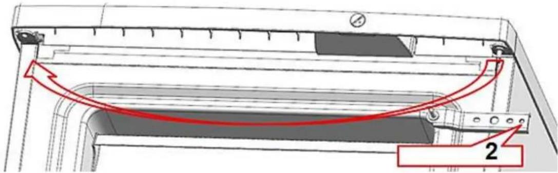Technical diagram of a door handle assembly with red arrows indicating motion and labeled component '2'